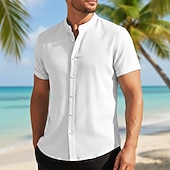 cheap Men's Button Up Shirts-Men's Shirt Summer Shirt Beach Wear Corduroy Shirt Navy Blue Short Sleeve Plain Stand Collar Mandarin Collar Henley Casual Daily Clothing Apparel Fashion Casual Comfortable Smart Casual