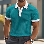 economico Polo classica da uomo-Per uomo Testurizzato Maglia da golf Casuale Lavoro Bavero Colletto Polo a Coste Manica Corta Essenziale Moderno Blocco di colori Patchwork Bottoni Primavera &amp; Estate Vestibilità aderente Blu Bianco