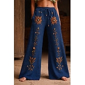 女性用 ワイドレッグ パンツ パラッツォパンツ ファッション ボヘミアン 全長 ハイウエスト フラワー ドローストリング 弾性ウエスト プリント 通気性 快適 ストリート デイリーウェア お出かけ ブルー グリーン ベージュ 春 秋 レギュラー
