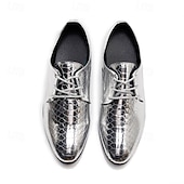 זול נעלי דרבי-נעלי ערב מטאליות לגברים בצבע תנין מוזהב - נעליים רשמיות מבריקות למסיבות, חתונות ואירועי מועדוני לילה