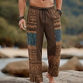 abordables Pantalons décontractés imprimés pour hommes-Homme Formes Géométriques Ethnique Pantalons Pantalons Amples Pantalon décontracté Taille Moyenne Boho Vintage Rétro Maison Extérieur Vacances Taille élastique avec cordon de serrage Pantalon en lin