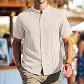 economico Vacanza-Per uomo Camicia Camicia di lino Camicia popover Camicia Estiva Abbigliamento da spiaggia Camicia con colletto alla coreana Semplice Casuale Quotidiano Nero Bianco Cachi Manica Corta Collo alla
