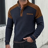 billiga Våffelstickad t-shirt-Herr Våffel T-shirt T-shirt Waffle Henley Shirt Långärmad Henley Vår &amp; Höst Ensfärgat Traditionell / Vintage Ledigt Färgblock Slät Ledigt Hem Utomhus Marinblå Topp t-shirt för män