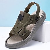 abordables Sandales décontractées-Sandales en cuir vert olive pour homme, à bride ajustable, antidérapantes et confortables, idéales pour la plage, la randonnée et le quotidien.