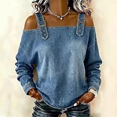 abordables Blusas Sencillas-Mujer Blusa Espalda al Aire Color sólido Elegante Vacaciones Vintage Manga Larga Hombros Caídos Tops regulares Diario Exterior Ropa de calle Azul Piscina Bleu Ciel Tela caqui oscura Negro Azul Oscuro
