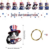  8 stk. patriotiske ornamenter til 4. juli, søt kattunge i tekopp hengende dekorasjon, uavhengighetsdagen rød hvit blå amerikansk flagg klatretre dekor til hjemmefest, minnedagsgaver til katteelskere