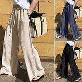 preiswerte Wesentliche Falsche Unterteile-Damen Kunstbaumwollleinen Weites Bein Chinos Sommerhose Urlaub Mode Streetwear Volle Länge Hohe Taille Einfach Tasche Elastischer Bund Bequem Komfort Weich Dehnbar Täglich Outdoor Straße Marineblau
