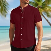 cheap Men's Button Up Shirts-Men's Shirt Summer Shirt Beach Wear Corduroy Shirt Navy Blue Short Sleeve Plain Stand Collar Mandarin Collar Henley Casual Daily Clothing Apparel Fashion Casual Comfortable Smart Casual
