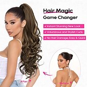 halpa Poninhännät-poninhäntäpidennys, 26 tuuman kiristysnyörillä varustettu poninhäntäpidennys, pitkät kiharat, laineikkaat poninhännät, synteettiset klipsillä varustetut poninhäntäpidennykset naisille, tumman