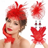 abordables Fascinadores &amp; Sombreros-Conjunto Guantes Fascinador Pendientes Dama Floral Disfraz Mujer Mascarada Fiesta de Té Pañuelo Festival de carreras de caballos Adulto Tocados Guantes Pendientes Todas las Temporadas