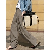 preiswerte Wesentliche Falsche Unterteile-Damen Kunstbaumwollleinen Weites Bein Chinos Sommerhose Urlaub Mode Streetwear Volle Länge Hohe Taille Einfach Tasche Elastischer Bund Bequem Komfort Weich Dehnbar Täglich Outdoor Straße Marineblau