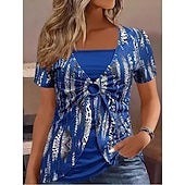 abordables Blusas a rayas y geométricas-Mujer Camiseta Camiseta superior Retazos Estampado Bloque de color Moda Elegante Casual Manga Corta Cuello Barco Tops regulares Diario Noche Fin de semana Azul Piscina Negro Vino Verde Trébol Café