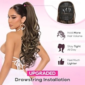 halpa Poninhännät-poninhäntäpidennys, 26 tuuman kiristysnyörillä varustettu poninhäntäpidennys, pitkät kiharat, laineikkaat poninhännät, synteettiset klipsillä varustetut poninhäntäpidennykset naisille, tumman