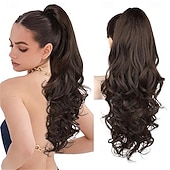 halpa Poninhännät-poninhäntäpidennys, 26 tuuman kiristysnyörillä varustettu poninhäntäpidennys, pitkät kiharat, laineikkaat poninhännät, synteettiset klipsillä varustetut poninhäntäpidennykset naisille, tumman