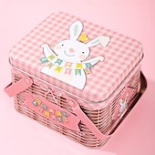 cheap Easter-Easter Bunny Tin Carry Basket, Colorful Metal Rabbit Storage Box with Handle, Creative Easter Decoration Treat Gift Container