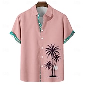 cheap Tropical Plants-Men's Coconut Tree Tropical Plants Summer Hawaiian Shirt Button Up Shirt Aloha Shirt Short Sleeve Hawaiian Vacation Holiday Beach Wear Summer Spring Turndown 3D Print Linen Like Shirt Blue Pink Green