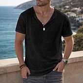 cheap Cotton Linen T-shirts-Men's Tee Top Linen T-Shirt Short Sleeve Short Sleeves Henley Collar Summer Plain Fashion Designer Basic Soft Casual Vacation Street Light Blue Top Tee for Men