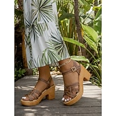 رخيصةأون النساء-صندل نسائي بكعب سميك من الجلد الصناعي مع حزام كاحل قابل للتعديل - حذاء صيفي أنيق ومريح للمناسبات غير الرسمية والأنيقة