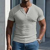 ieftine Tricou din tricot cu nervuri-Bărbați Tricou Cămașă musculară Tricou din tricot cu nervuri Tee Top Manșon scurt Mânecă scurtă În V Henley Vară Primăvară Toate Sezoanele Simplu Pit Strip Modă Designer De Bază Nasturi Casual