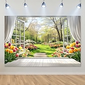 preiswerte Waldteppich-Wandteppich mit 2D-Flachdruck, Frühlingsgartenmotiv, Blick aus dem offenen Fenster auf blühende Tulpen und einen Gartenweg, ideale Wanddekoration für Wohnzimmer und Schlafzimmer