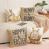 cheap Throw Pillows &amp; Covers-Set of 4 Easter Happy Egg Bunny Pillow Covers Linen Throw Cushion Covers Spring Holiday Decorative Sofa Pillow Covers