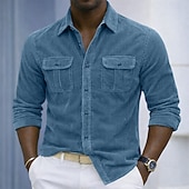baratos Camisas de trabalho masculinas-Homens Camisa Social Textura Camisa casual Camisas de trabalho Camiseta de Veludo Azul Marinha Azul Manga Longa Tecido Colarinho de Camisa Casual Diário Bolso frontal Roupa Elegante Moda Roupa de rua