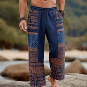 abordables Pantalons décontractés imprimés pour hommes-Homme Formes Géométriques Ethnique Pantalons Pantalons Amples Pantalon décontracté Taille Moyenne Boho Vintage Rétro Maison Extérieur Vacances Taille élastique avec cordon de serrage Pantalon en lin