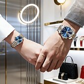baratos Relógios Quartz-relógios de casal, masculinos &amp;Relógios femininos de luxo e charme, com detalhes em strass, função de calendário, visor com luz noturna, relógios casuais e modernos, acessórios perfeitos para