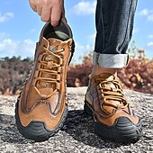 cheap Casual Lace-Up Shoes-Men's Brown Hand-Stitched Faux Leather Hiking Shoes – Rugged Casual Footwear for Outdoor Trekking &amp; Daily Street Style