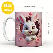 levne Šálky a hrnečky-Hrnek na kávu o objemu 293 ml s roztomilým 3D motivem kočky, králíka a ptáka, termohrnek z keramiky, opakovaně použitelný, pouze ruční mytí, rozkošný zvířecí design s květinami, perfektní dárek ke
