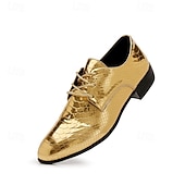 זול נעלי דרבי-נעלי ערב מטאליות לגברים בצבע תנין מוזהב - נעליים רשמיות מבריקות למסיבות, חתונות ואירועי מועדוני לילה
