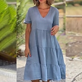 billige Essensielle falske kjoler-Dame Mini kjole Imitert bomullslin Uformell kjole Bomullskjole Elegant Mote Moderne utendørs Feriereise Ut på byen Løstsittende عادي Kortermet V-hals Blå Svart Rød Oransje Sommer Vår