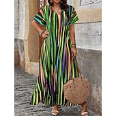 voordelige Gestreepte &amp; Geometrische Jurken-Dames Maxi-jurk Casual jurk T shirt jurk A lijn jurk Modieus Modern Dagelijks Vakantie Uitgaan Ruim Passend Gestreept Korte mouw V-hals blauw Blozend Roze Rood Paars Zomer Lente