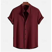 cheap Men's Button Up Shirts-Men's Shirt Summer Shirt Beach Wear Corduroy Shirt Navy Blue Short Sleeve Plain Stand Collar Mandarin Collar Henley Casual Daily Clothing Apparel Fashion Casual Comfortable Smart Casual