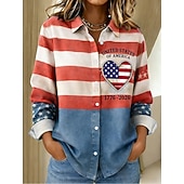  Día de la Independencia Camiseta para Mujeres Americana Botones Impresión Gráfica Aniversario de América Vintage Elegante Moderna de Manga Larga Cuello Camisa Tops Largos Diarios Azul Blanco Verano