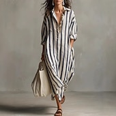 voordelige Strepen- en geometrische jurk-Dames Maxi-jurk Hemdjurk Zonnejurk Bodycon-jurk Vakantie Casual Strandstijl Dagelijks Kantoor Strand Grafisch Geometrisch Lange mouw V-hals blauw donkerbruin Zwart Blozend Roze Zomer Lente Herfst