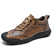 cheap Casual Lace-Up Shoes-Men's Brown Hand-Stitched Faux Leather Hiking Shoes – Rugged Casual Footwear for Outdoor Trekking &amp; Daily Street Style