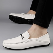 economico Mocassini casual-mocassini slip-on da uomo in similpelle bianca con fibbia in metallo, classiche scarpe casual da lavoro per gli spostamenti in ufficio, i matrimoni e l'uso quotidiano