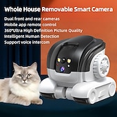 זול מצלמות רשת IP פנימיות-מצלמת רובוט עם גלגלים 1080p עדשה כפולה, מצלמת אבטחה פנימית עם ראיית לילה ושמע דו כיווני, פלאש רובוט, סוללה 5200mah &amp;בקרת אפליקציה אידיאלית לחתולים/כלבים/תינוקות/קשישים