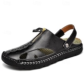 cheap Casual Sandals-Men's Brown Faux Leather Closed-Toe Sandals, Hand-Stitched Breathable Casual Shoes for Summer Outdoor &amp; Beach Wear