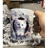 levne Šálky a hrnečky-Hrnek na kávu o objemu 293 ml s roztomilým 3D motivem kočky, králíka a ptáka, termohrnek z keramiky, opakovaně použitelný, pouze ruční mytí, rozkošný zvířecí design s květinami, perfektní dárek ke