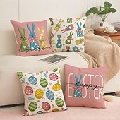cheap Throw Pillows &amp; Covers-Set of 4 Easter Bunny Egg Print Linen Pillow Covers Spring Holiday Party Decorative Sofa Throw Cushion Covers