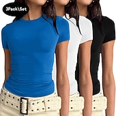 economico T-shirt semplice-Confezioni multiple Confezione da 3 Femminile Girocollo Manica Corta Nero + bianco + grigio Maglietta Semplice Casuale Quotidiano Poliestere Estate