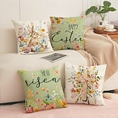 levne Hodte polštáře, vložky a kryty-Sada 4 lněných prodyšných povlaků na polštáře s potiskem velikonočních zajíčků, jarní domácí dekorativní povlaky na polštáře na pohovku