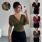 economico Bluse Semplici-Per donna Blusa Tinta unica Semplice Elegante Vintage Moda Manica Corta Scollo a V Scollo profondo Top Regolari Rosso violaceo Marrone caffè Nero Verde militare Estate Primavera