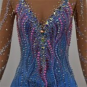 cheap Figure Skating Dresses-Figure Skating Dress Girls' Ice Skating Dress Sky Blue Patchwork Open Back Stretchy Training Competition Skating Wear Classic Crystal / Rhinestone Long Sleeve Ice Skating Figure Skating