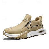 cheap Slip-On Casual Shoes-Men's Khaki and Black Slip-On Sneakers with Side Zipper, Lightweight Athletic Casual Shoes for Daily Walking, Travel and Outdoor Activities