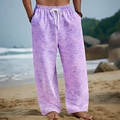 baratos Calça Casual Estampada Masculina-Homens Geométrica oceano Ondas Calças Calças largas Calça casual Cintura Média Havaiana Ao ar livre Férias Roupa de Praia Cintura elástica com cordão Calças de linho com bolsos Verão Primavera