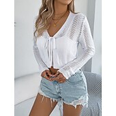 preiswerte Einfarbiger Cardigan-Damen Pullover Strickjacke Urlaub Mode Lässig Einfarbig Gehäkelt V Ausschnitt Schnürung Gestrickt Langarm Crop Tops Stricken Täglich Outdoor Wochenende Schwarz Weiß Sommer Frühling