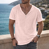 cheap Cotton Linen T-shirts-Men's Tee Top Linen T-Shirt Short Sleeve Short Sleeves Henley Collar Summer Plain Fashion Designer Basic Soft Casual Vacation Street Light Blue Top Tee for Men